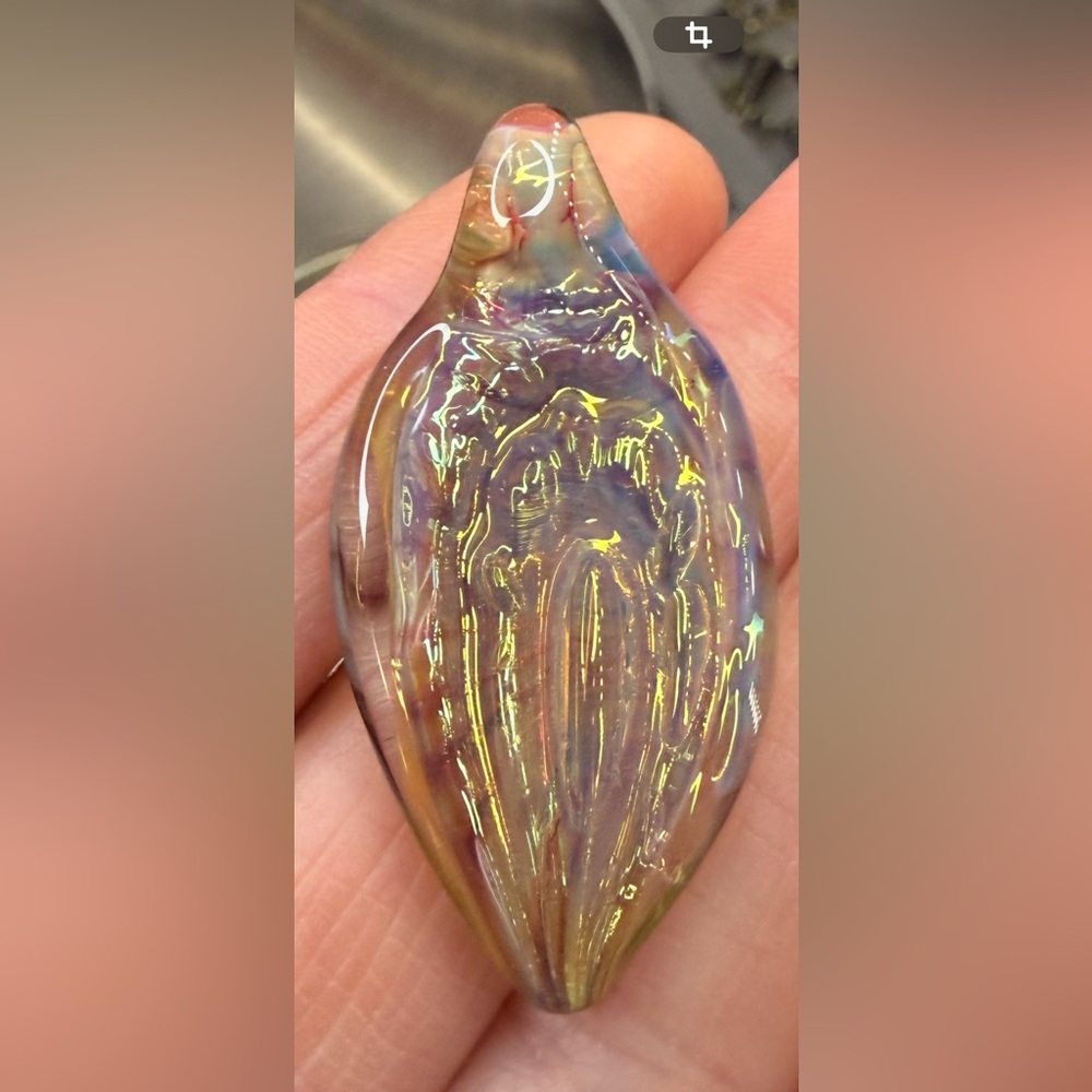 Iridescent Glass Blown Pendant. 1 3/4 inch long. Hole for chain.